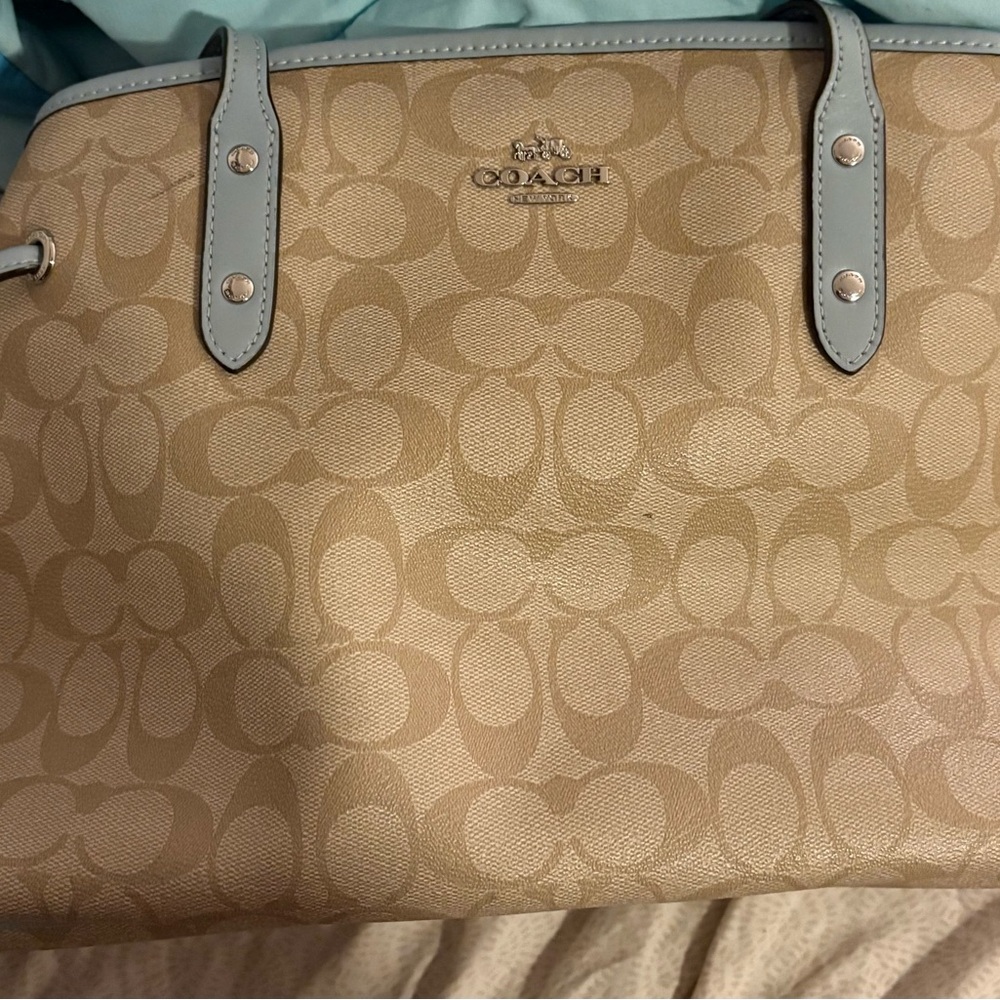 Coach Tan and Light Blue Signature Shoulder Bag
